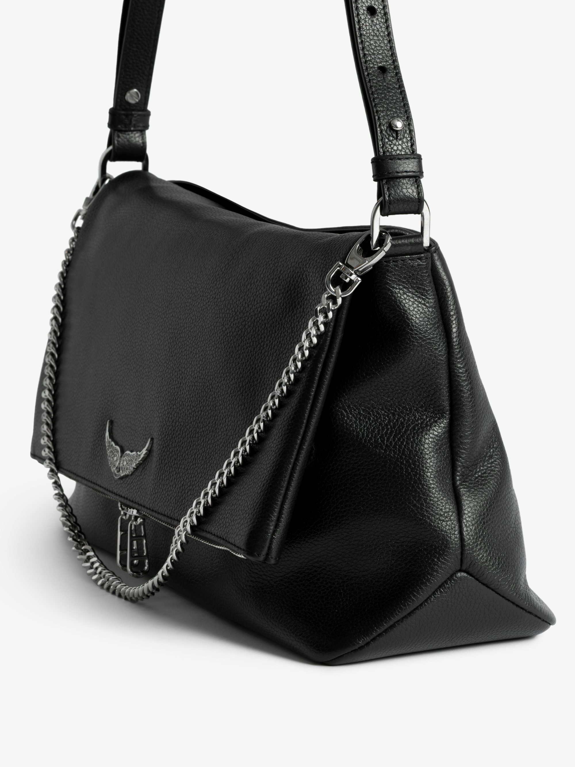 Rocky XL Bag - Grained leather shoulder bag with chain and signature wings.